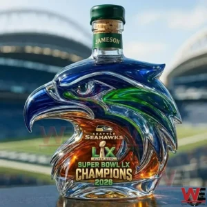 Seahawks hawk shaped glass bottle with a green cork topper and Super Bowl LX Champions 2026 text near a stadium!