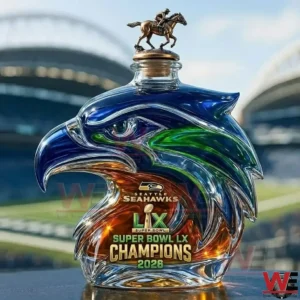 Seahawks hawk shaped glass bottle with a horse rider stopper and Super Bowl LX Champions 2026 text in a stadium background!