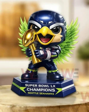 Stylized Seattle Seahawks character holding a gold trophy on a Super Bowl LX Champions base!