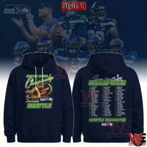 Navy Seattle Seahawks Super Bowl LX champions hoodie with front graphic and full team roster on back!