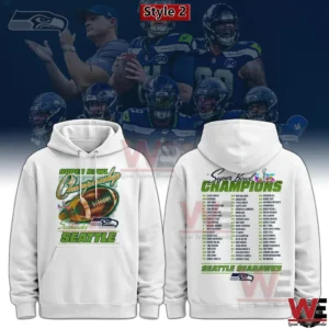 White Seattle Seahawks Super Bowl LX champions hoodie with champions logo and player list!