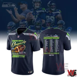 Navy Seattle Seahawks Super Bowl champions jersey with front graphic and team roster on back!