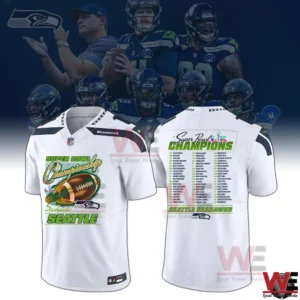 White Seattle Seahawks Super Bowl champions jersey with champions design and player list!