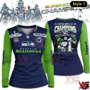 Navy and green Seattle Seahawks Super Bowl Champions long sleeve shirt with front and back graphics.
