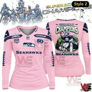 Pink Seattle Seahawks Super Bowl Champions long sleeve shirt with front logo and back championship print.
