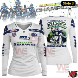 White Seattle Seahawks Super Bowl Champions long sleeve shirt with team graphics on front and back.