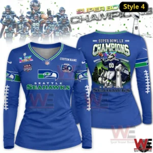 Blue Seattle Seahawks Super Bowl Champions long sleeve shirt with detailed championship back design.