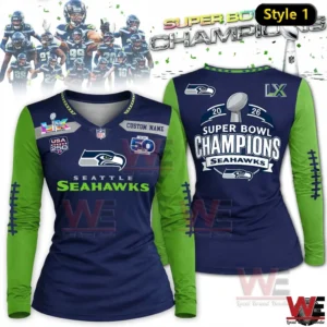 Women navy and green Seattle Seahawks Super Bowl LX Champions long sleeve V neck shirt front and back view!