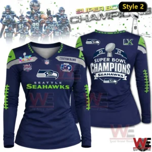 Women navy Seattle Seahawks Super Bowl LX Champions long sleeve V neck shirt with green details front and back view!