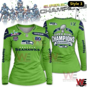 Women green Seattle Seahawks Super Bowl LX Champions long sleeve V neck shirt front and back view!
