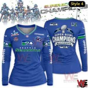 Women blue Seattle Seahawks Super Bowl LX Champions long sleeve V neck shirt front and back view!