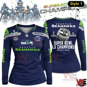 Navy Seattle Seahawks Super Bowl LX Champions long sleeve V neck shirt with ring graphic on back.
