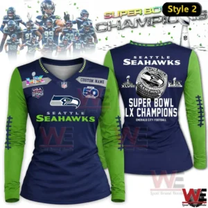 Navy and green Seattle Seahawks Super Bowl LX Champions long sleeve V neck shirt with ring design.