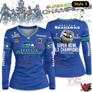 Royal blue Seattle Seahawks Super Bowl LX Champions long sleeve V neck shirt with championship ring on back.