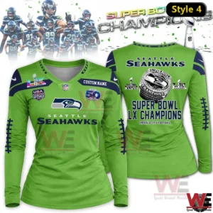Green Seattle Seahawks Super Bowl LX Champions long sleeve V neck shirt with large ring graphic on back.