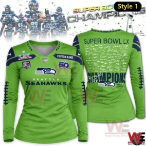 Green Seattle Seahawks Super Bowl LX Champions womens long sleeve V neck shirt with team logo and signatures on back.