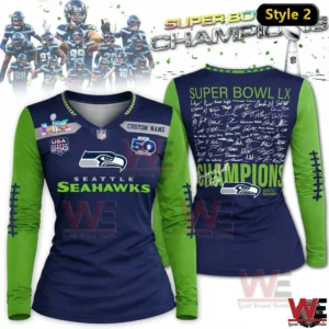 Navy and green Seattle Seahawks Super Bowl LX Champions womens long sleeve V neck shirt with logo and signature design.