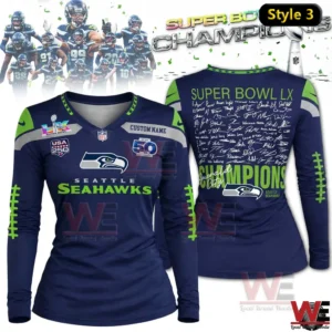 Navy Seattle Seahawks Super Bowl LX Champions womens long sleeve V neck shirt with gray shoulder accents and team signatures.