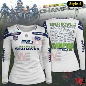 White Seattle Seahawks Super Bowl LX Champions womens long sleeve shirt with team logo and signature graphic on back.