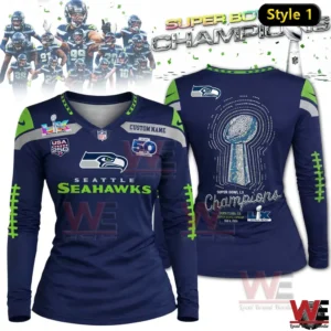 Navy Seattle Seahawks Super Bowl LX Champions long sleeve V neck shirt with trophy graphic on back!