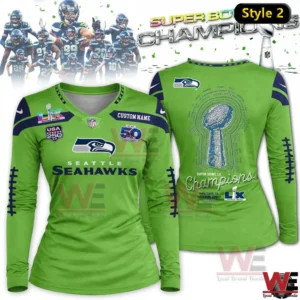 Green Seattle Seahawks Super Bowl LX Champions long sleeve V neck shirt with trophy design on back!