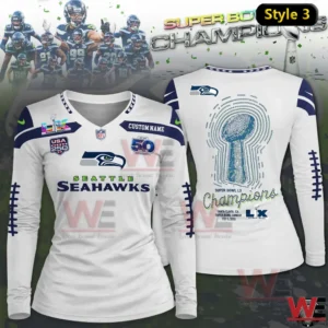 White Seattle Seahawks Super Bowl LX Champions long sleeve V neck shirt featuring trophy graphic on back!