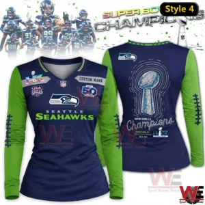 Navy and green Seattle Seahawks Super Bowl LX Champions long sleeve V neck shirt with trophy artwork on back!