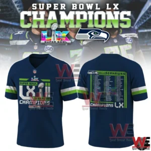 Seattle Seahawks Super Bowl LX champions navy jersey front and back!