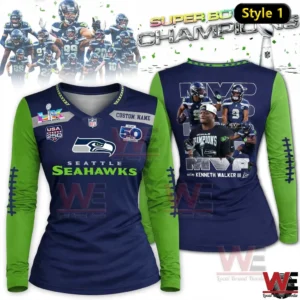 Women navy and green Seattle Seahawks Super Bowl Champions long sleeve V neck shirt with MVP graphic on back.