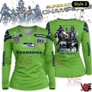 Women bright green Seattle Seahawks Super Bowl Champions long sleeve V neck shirt with MVP back print.