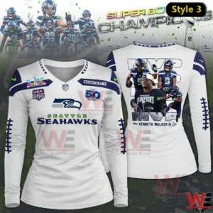 Women white Seattle Seahawks Super Bowl Champions long sleeve V neck shirt with MVP player design on back.