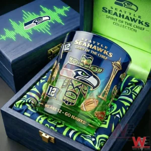 Seattle Seahawks engraved glass displayed in a wooden gift box with green fabric interior!
