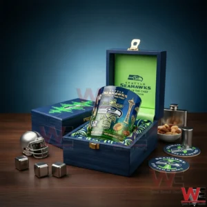Seattle Seahawks We Are 12 Go Hawks Glass 3 Complete Seattle Seahawks themed gift set with engraved glass wooden box and accessories!