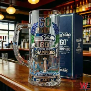 Seattle Seahawks sixty th Super Bowl Champions beer glass with team logo and Seattle skyline!
