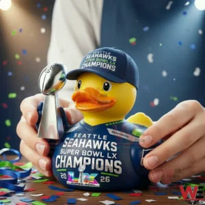 Yellow Seahawks champion duck holding Super Bowl trophy with confetti around!