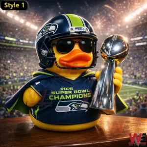 Seahawks champion duck with helmet holding trophy in stadium celebration!