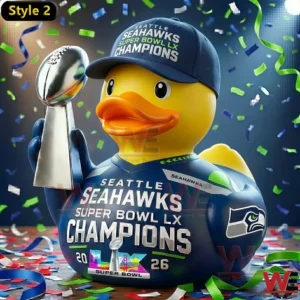 Seahawks Super Bowl LX champion duck holding silver trophy with confetti background!
