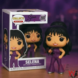 Stylized vinyl figure of Selena in a purple stage outfit holding a microphone next to her display box!
