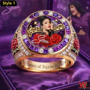 Gold ring with Selena portrait purple stones and Queen of Tejano Music engraving!