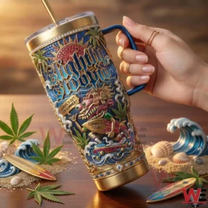 Hand holding a Slightly Stoopid Summer Tour YETI tumbler with beach props.