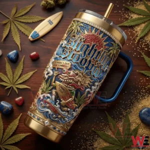 Slightly Stoopid Summer Tour YETI tumbler on a table with surf props and cannabis leaves.
