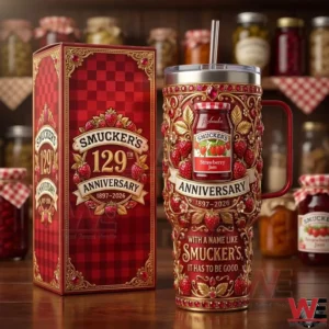 Smuckers anniversary tumbler and decorative box displayed on a wooden table!