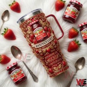 Smuckers anniversary tumbler surrounded by strawberries and jam jars!