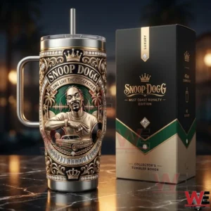 Luxury Snoop Dogg West Coast Royalty Edition tumbler with ornate design next to collector box.