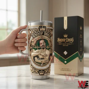 Hand holding Snoop Dogg themed luxury tumbler beside matching collector box.