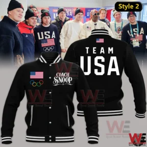 Black baseball jacket with Team USA and Coach Snoop graphics displayed from front and back!