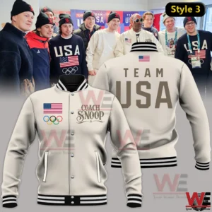 Cream baseball jacket featuring Team USA and Coach Snoop design shown from front and back!