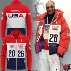 Man wearing USA Olympic team red white and blue jacket beside matching tracksuit views!