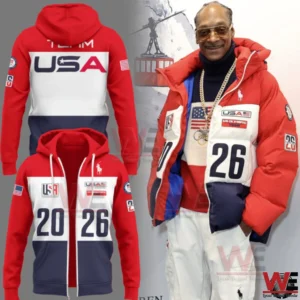 Red white and blue USA Olympic Team hoodie and puffer jacket with bold lettering and patriotic design!
