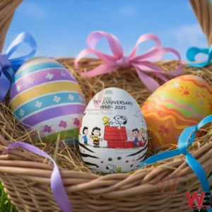 Decorative Snoopy themed eggs arranged in a basket with pastel ribbons for spring celebration!
